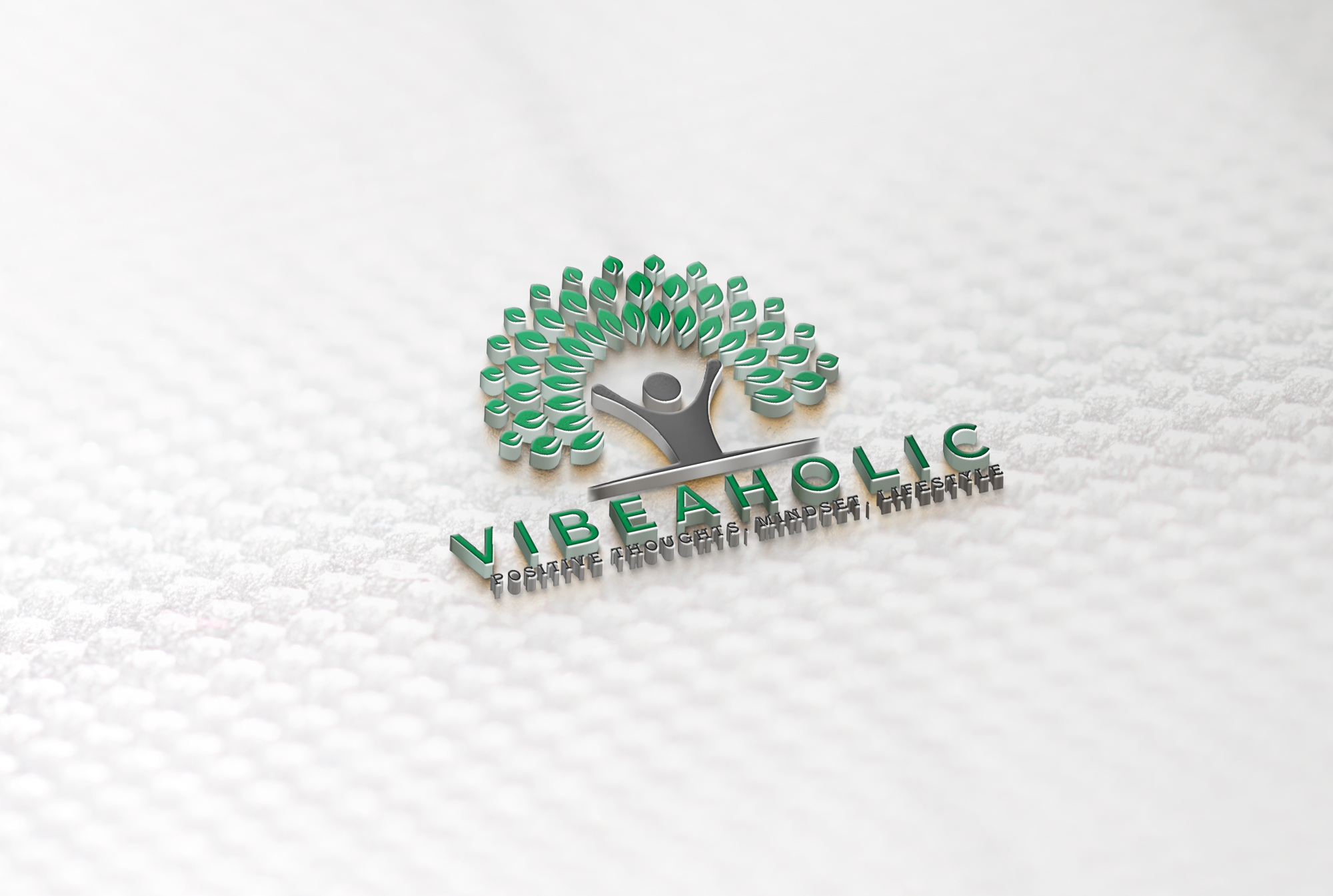 Silver and green Vibeaholic logo on a soft white surface